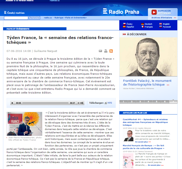 Radio Prague Týden France, la «semaine des relations franco-tchèques» / Týden France, týden francouzsko-českých vztahů 7. 6.