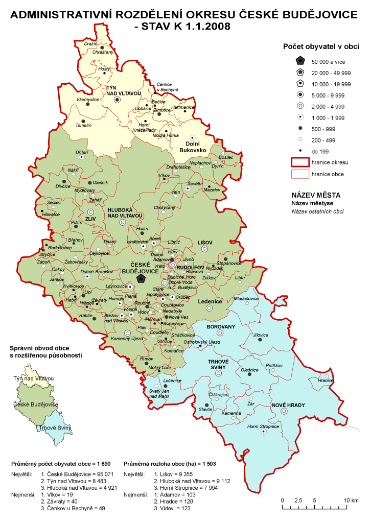 4.5. Charakteristika okresu České Budějovice Území okresu má protáhlý tvar s maximální délkou 77 km (sever - jih) a šířkou 33 km (východ - západ).