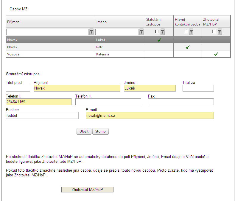 Zhotovitel MZ/HoP Po stisknutí tlačítka Zhotovitel MZ/HoP se automaticky dotáhnou do polí informace o osobě, která bude figurovat jako Zhotovitel této MZ/HoP.