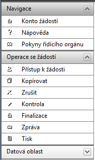 Konto žádostí tlačítko slouží pro rychlý návrat do seznamu žádostí uživatele. Nápověda v této záložce jsou k dispozici popisy jednotlivých polí pro každé okno, nápověda umožňuje snazší orientaci.