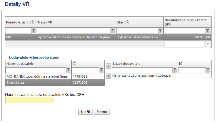 5.24 Detaily VŘ Přiřazení dodavatelů, kteří vysoutěžili VŘ, se provádí pomocí výběru jednotlivých dodavatelů k daným VŘ.