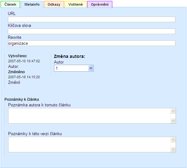 1.8.2 Záložka Metainfo URL pro případ, že článek nemá vlastní obsah, ale pouze ukazuje na jiný obsah (např.