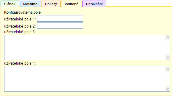 1.8.4 Záložka Volitelné Tato záložka obsahuje pole, která mohou být použita pro ukládání informací souvisejících s článkem, jež by mohly být případně využity. 1.
