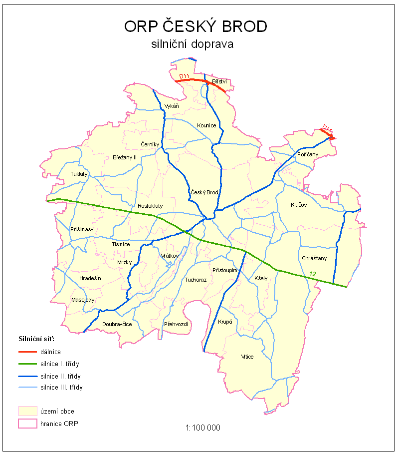 Obr. 10 Silniční doprava v SO ORP Český Brod 2.2.8.5 Nemotorová doprava (turistika, cyklostezky apod.) Zájmovým územím prochází v současnosti 2 trasy označené jako místní cyklotrasy.