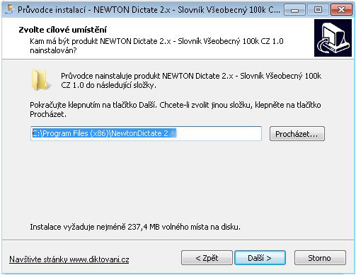 0 je soubor newton-dictate-2-slovnik-cz-vseobecny-100-10.exe. V následujícím dialogu zvolte cestu pro instalaci slovníku.