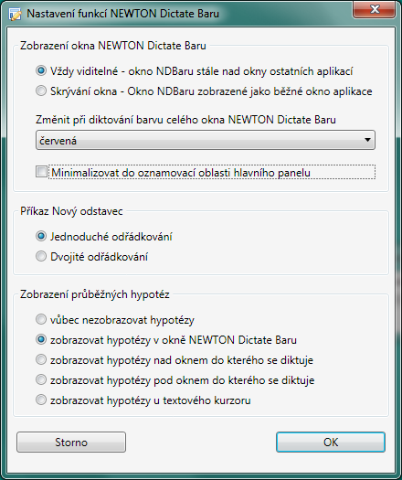 3.15.1 Nastavení funkcí NEWTON Dictate Baru V menu Nastavení Funkce NDBaru je moţné nastavit: Zobrazení okna NEWTON Dictate Baru o Vţdy viditelné okno je vţdy nade všemi otevřenými okny o Skrývání