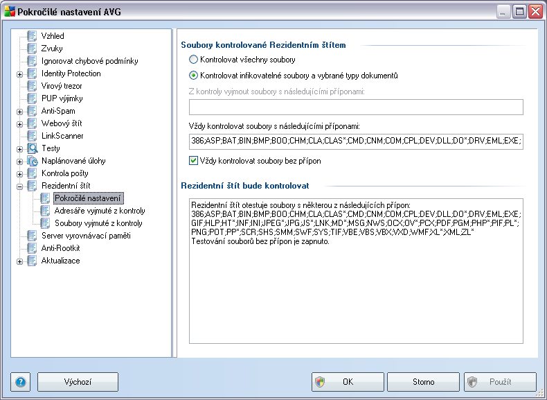 10.11.1. Pokročilé nastavení V dialogu Soubory kontrolované Rezidentním štítem máte možnost nastavení kontroly souborů a dokumentů vybraných typů (konkrétních přípon): Rozhodněte, zda chcete