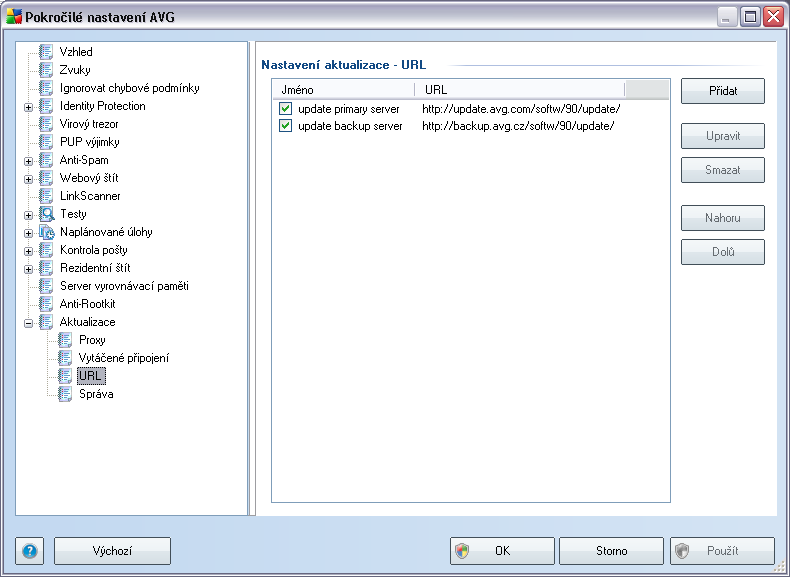 10.14.3. URL Dialog URL nabízí seznam internetových adres, odkud mohou být aktualizační souboru staženy.