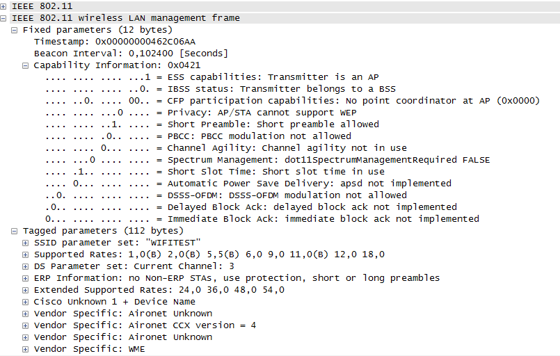 Rámec Probe response (obr. 7) je de facto stejný jako beacon rámec, AP oznamuje své (dohodnuté) schopnosti.