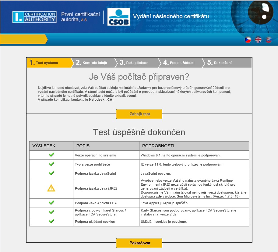 Není-li detekován závažný problém, pokračujte tlačítkem Pokračovat pod tabulkou. V opačném případě se zobrazí informace s popisem problému a jeho řešením.