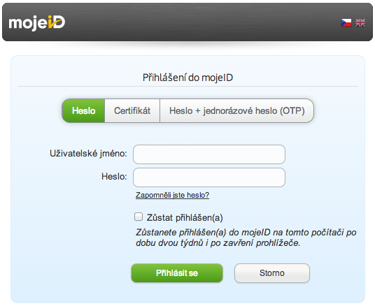 4.1.5 Provedení autentizace V okamžiku, kdy uživatel dorazí s žádostí o ověření identity od vaší aplikace na koncový bod mojeid, je mu zobrazena přihlašovací stránka, kde proběhne samotné přihlášení.