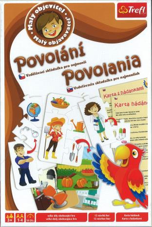 Obsah hry: Návod na hru 12 obrázků s vyobrazením osob zastupující různá povolání 36 dílků puzzle s pracovními nástroji obrázky s pracovišti Karty s hádankami Hra malý objevitel POVOLÁNÍ je vzdělávací