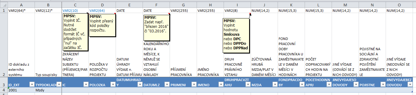 3.1.1 Zadání dat do XLSX Uživatel si otevře relevantní soubor (příloha tohoto návodu) předpřipravený ŘO OPZ ve formátu vhodném pro následný export do XML: pro účely naplnění