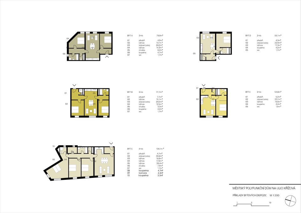 12,5m ² 05 3,3m² 06 koupelna 4,2m² 07 wc 1,7m² 02 03 01 pøedsíò 5,2m² 02 obývací 23,1m ² 03 ložnice 16,6m ² 04 koupelna 4,4m² 05 wc 1,5m ² 10 09 08 06 07 05 04 03 02 01 BYT C 4+kk 134,1m ²