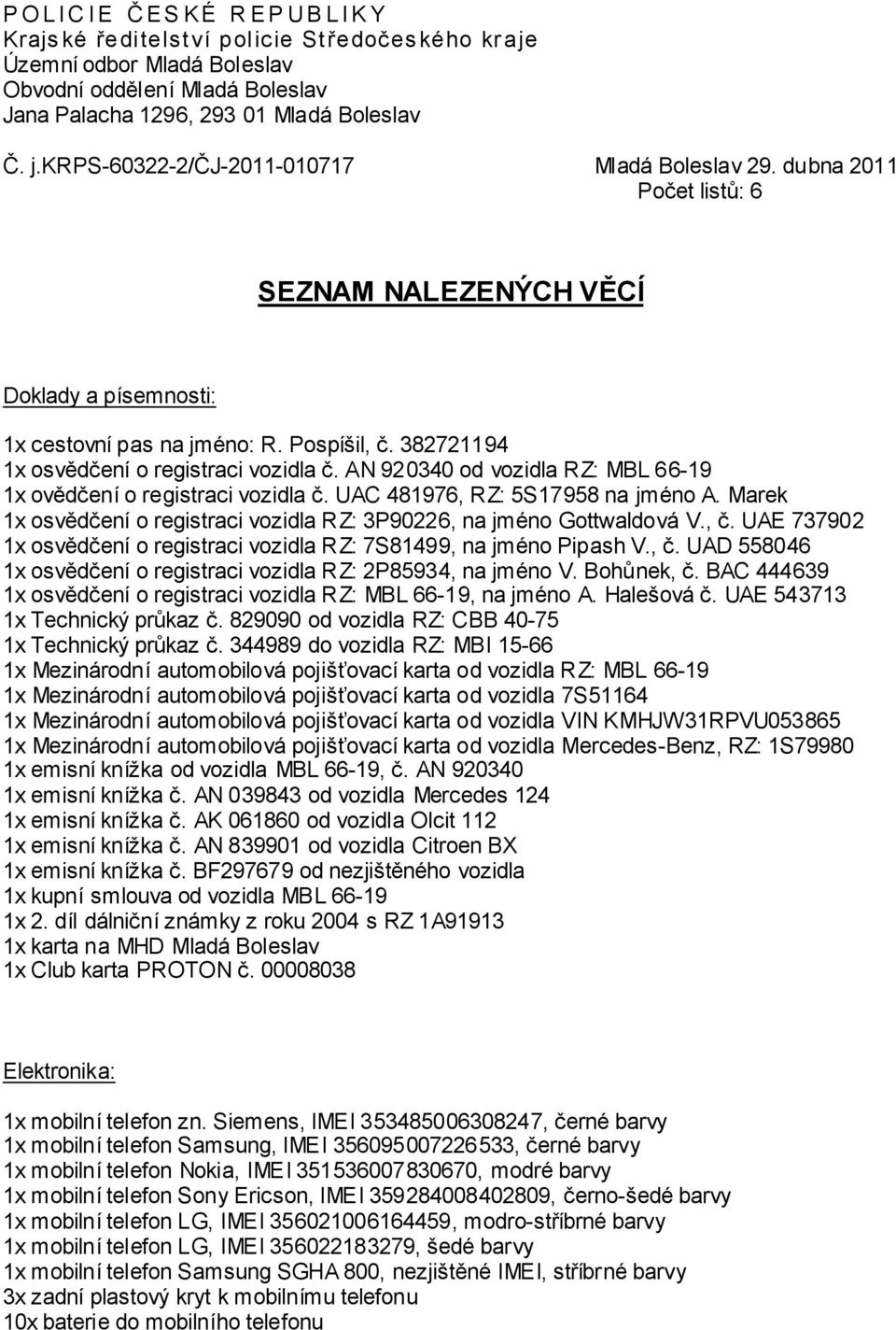 382721194 1x osvědčení o registraci vozidla č. AN 920340 od vozidla RZ: MBL 66-19 1x ovědčení o registraci vozidla č. UAC 481976, RZ: 5S17958 na jméno A.