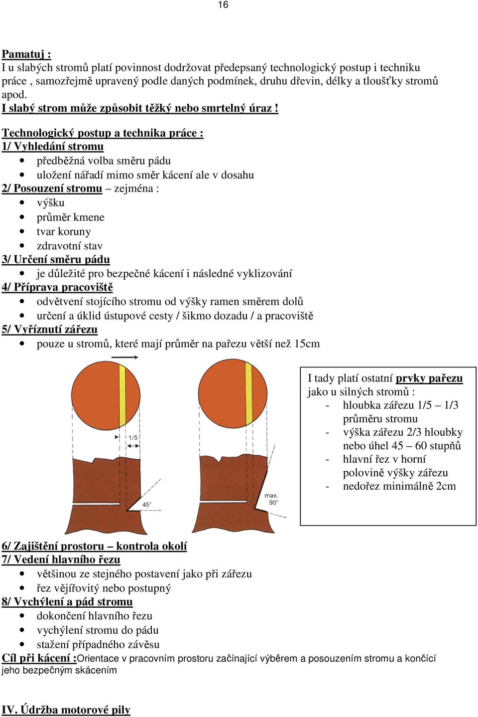 Technologický postup a technika práce : 1/ Vyhledání stromu předběžná volba směru pádu uložení nářadí mimo směr kácení ale v dosahu 2/ Posouzení stromu zejména : výšku průměr kmene tvar koruny