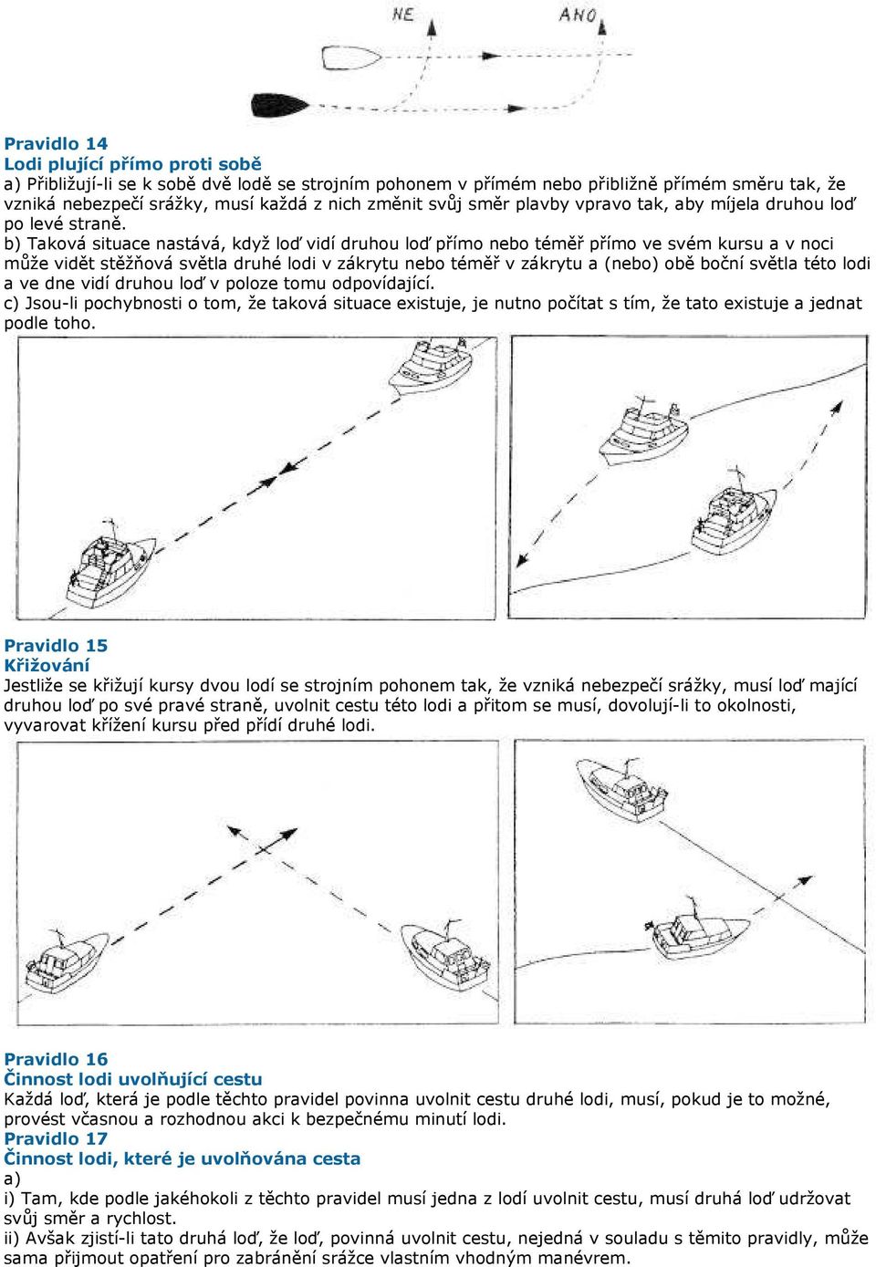 b) Taková situace nastává, když loď vidí druhou loď přímo nebo téměř přímo ve svém kursu a v noci může vidět stěžňová světla druhé lodi v zákrytu nebo téměř v zákrytu a (nebo) obě boční světla této