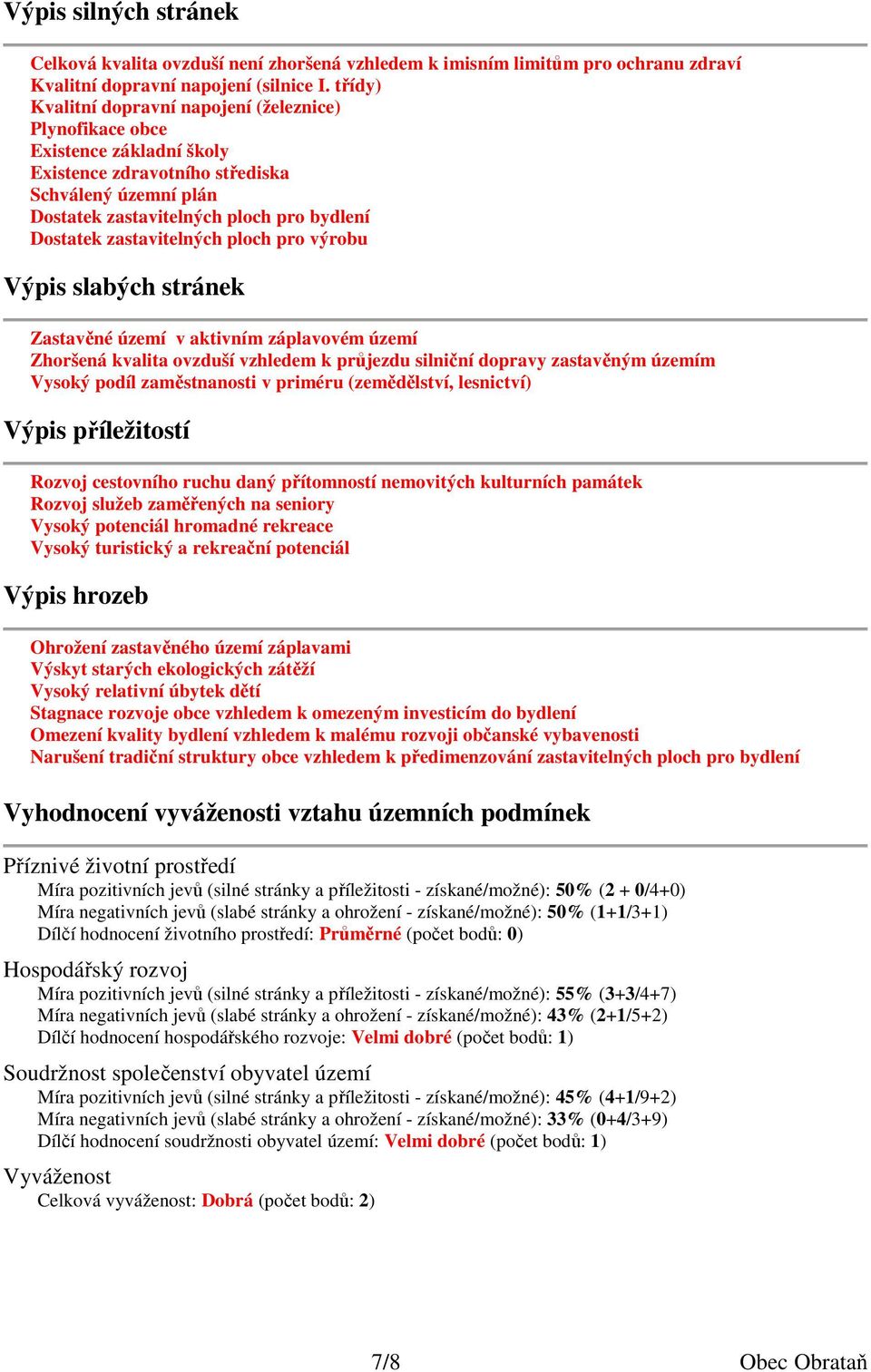 zastavitelných ploch pro výrobu Výpis slabých stránek Zastavěné území v aktivním záplavovém území Zhoršená kvalita ovzduší vzhledem k průjezdu silniční dopravy zastavěným územím Vysoký podíl