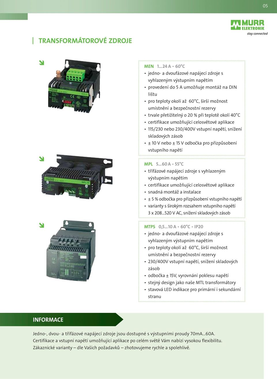 nebo ± 15 V odbočka pro přizpůsobení vstupního napětí MPL 5 60 A 55 C třífázové napájecí zdroje s vyhlazeným výstupním napětím certifikace umožňující celosvětové aplikace snadná montáž a instalace ±