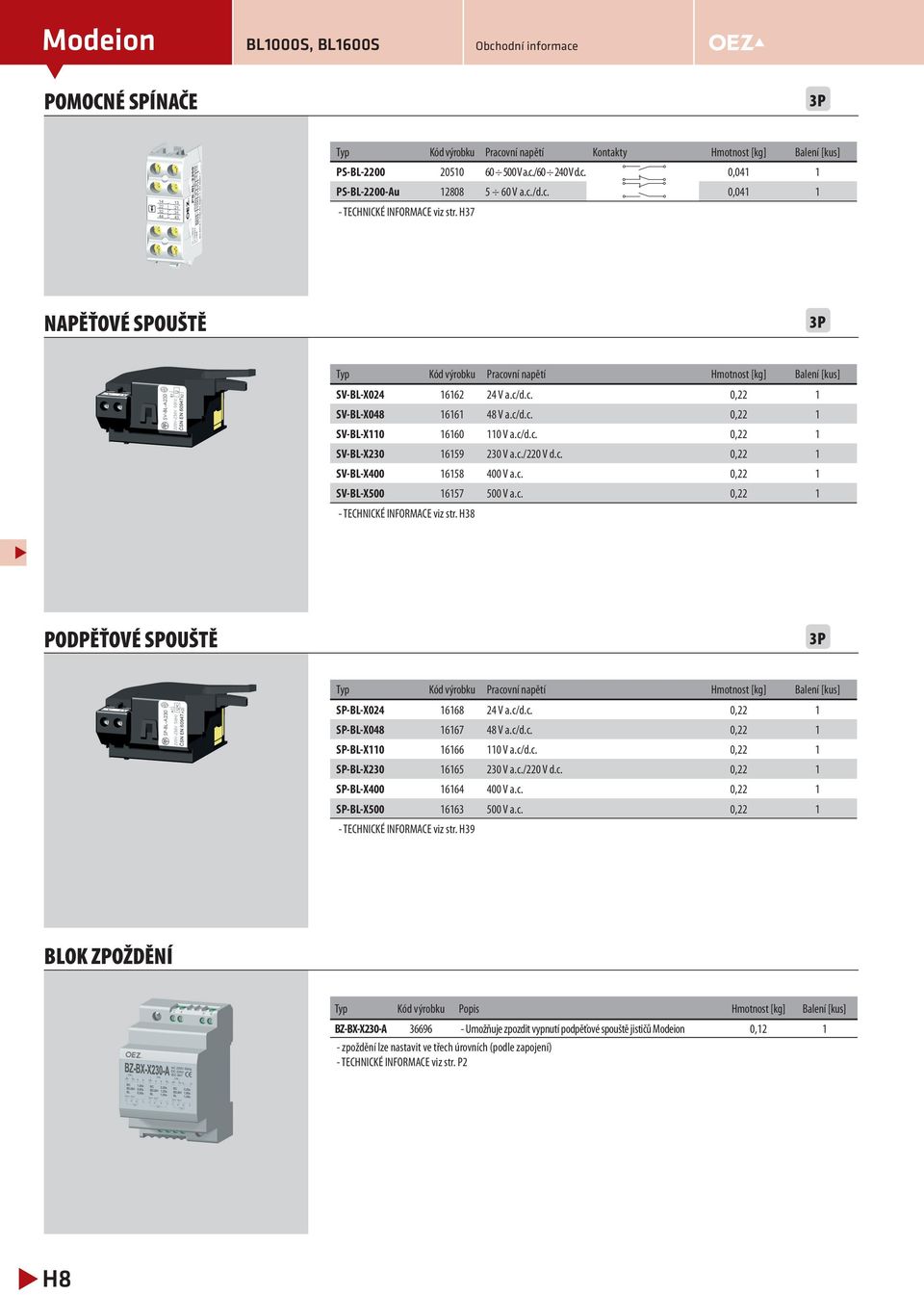 c.,22 SV-BL-X5 657 5 V a.c.,22 - TECHNICKÉ INFORMACE viz str. H38 PODPĚŤOVÉ SPOUŠTĚ Typ Kód výrobku Pracovní napětí Hmotnost [kg] Balení [kus] SP-BL-X24 668 24 V a.c/d.c.,22 SP-BL-X48 667 48 V a.c/d.c.,22 SP-BL-X 666 V a.
