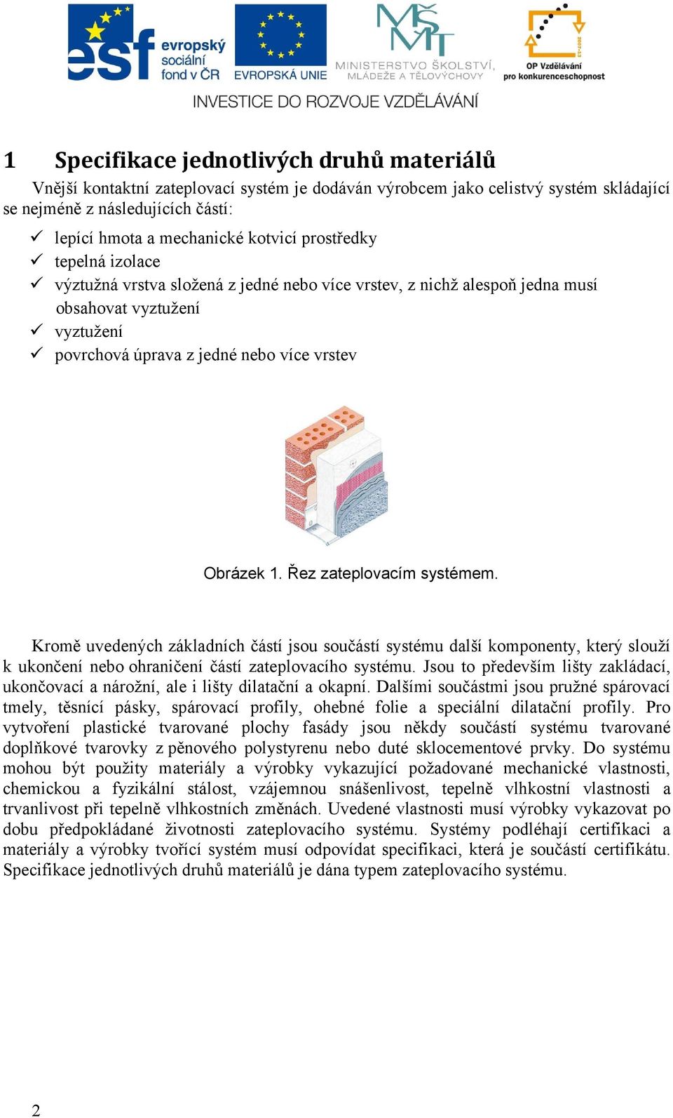 Řez zateplovacím systémem. Kromě uvedených základních částí jsou součástí systému další komponenty, který slouží k ukončení nebo ohraničení částí zateplovacího systému.