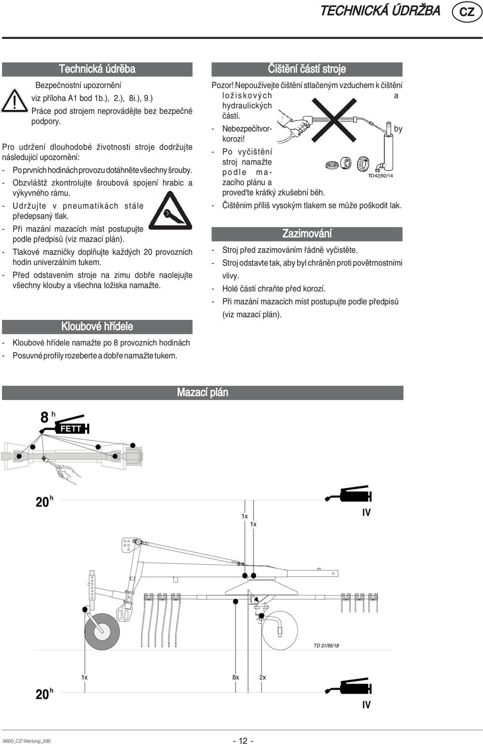 - Udrûujte v pneumatik ch st le p edepsan tlak. - P i maz nì mazacìch mìst postupujte podle p edpis (viz mazacì pl n). - TlakovÈ mazniëky doplúujte kaûd ch 20 provoznìch hodin univerz lnìm tukem.