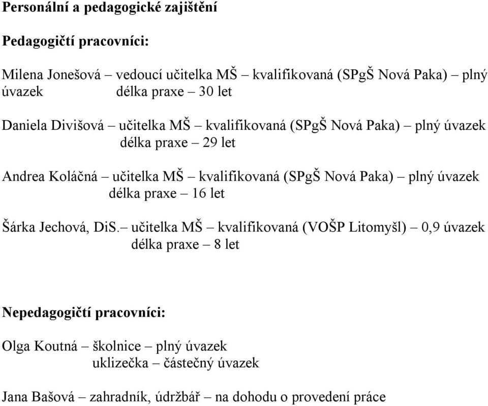 kvalifikovaná (SPgŠ Nová Paka) plný úvazek délka praxe 16 let Šárka Jechová, DiS.