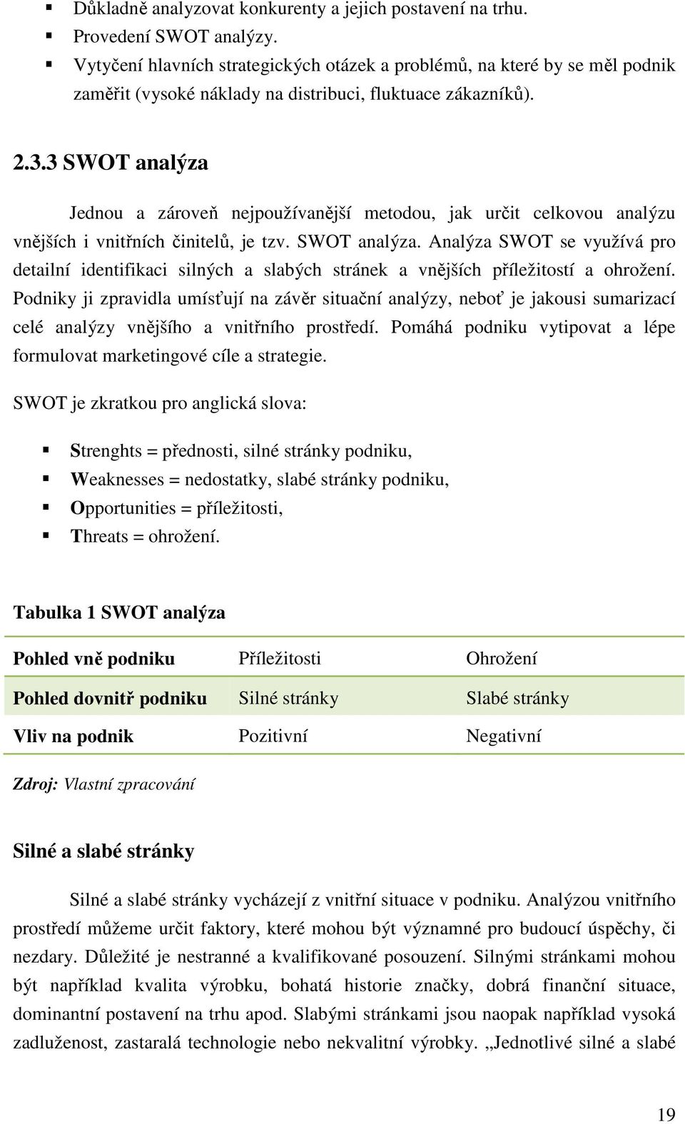 3 SWOT analýza Jednou a zároveň nejpoužívanější metodou, jak určit celkovou analýzu vnějších i vnitřních činitelů, je tzv. SWOT analýza. Analýza SWOT se využívá pro detailní identifikaci silných a slabých stránek a vnějších příležitostí a ohrožení.