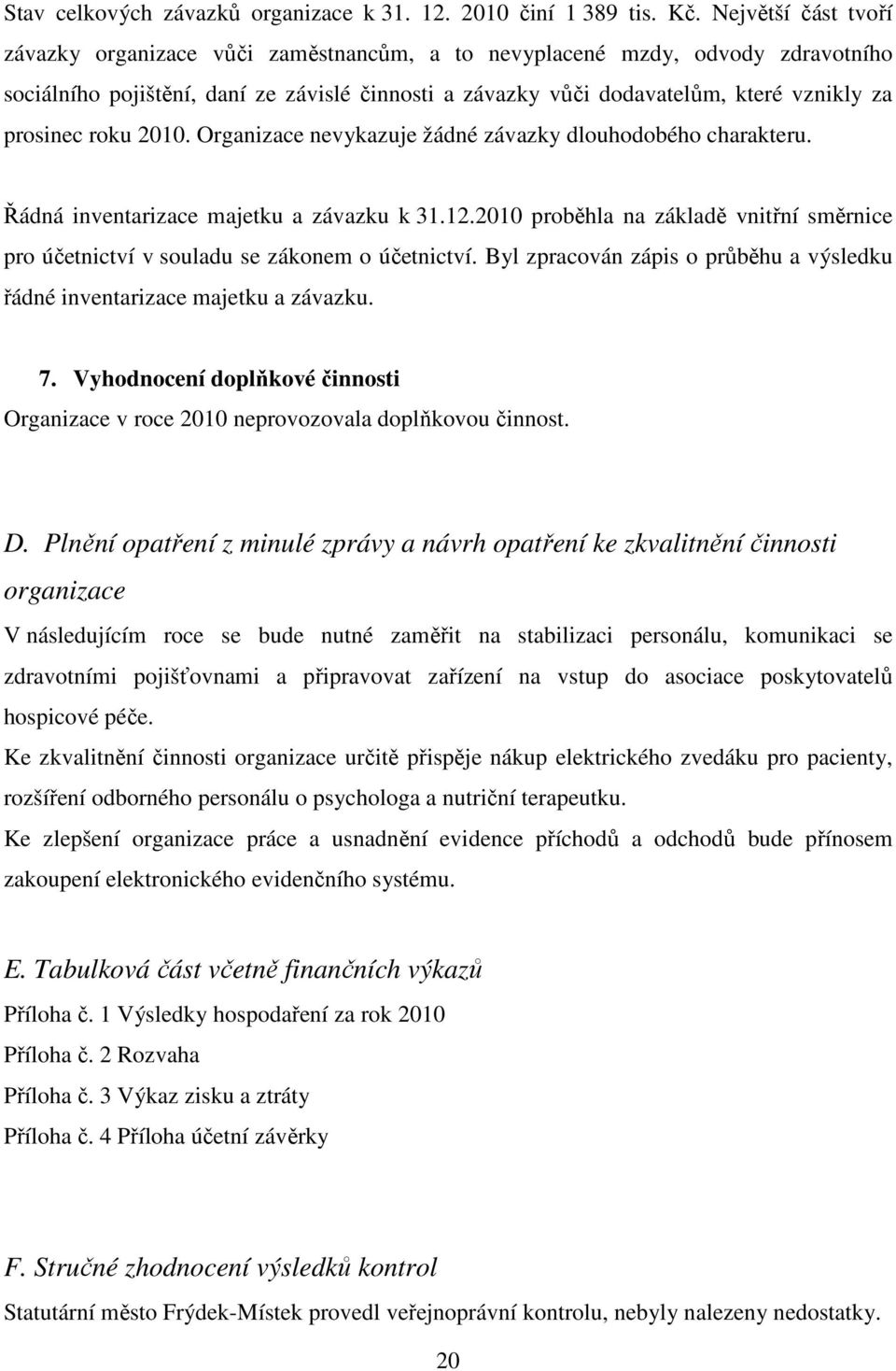 prosinec roku 2010. Organizace nevykazuje žádné závazky dlouhodobého charakteru. Řádná inventarizace majetku a závazku k 31.12.