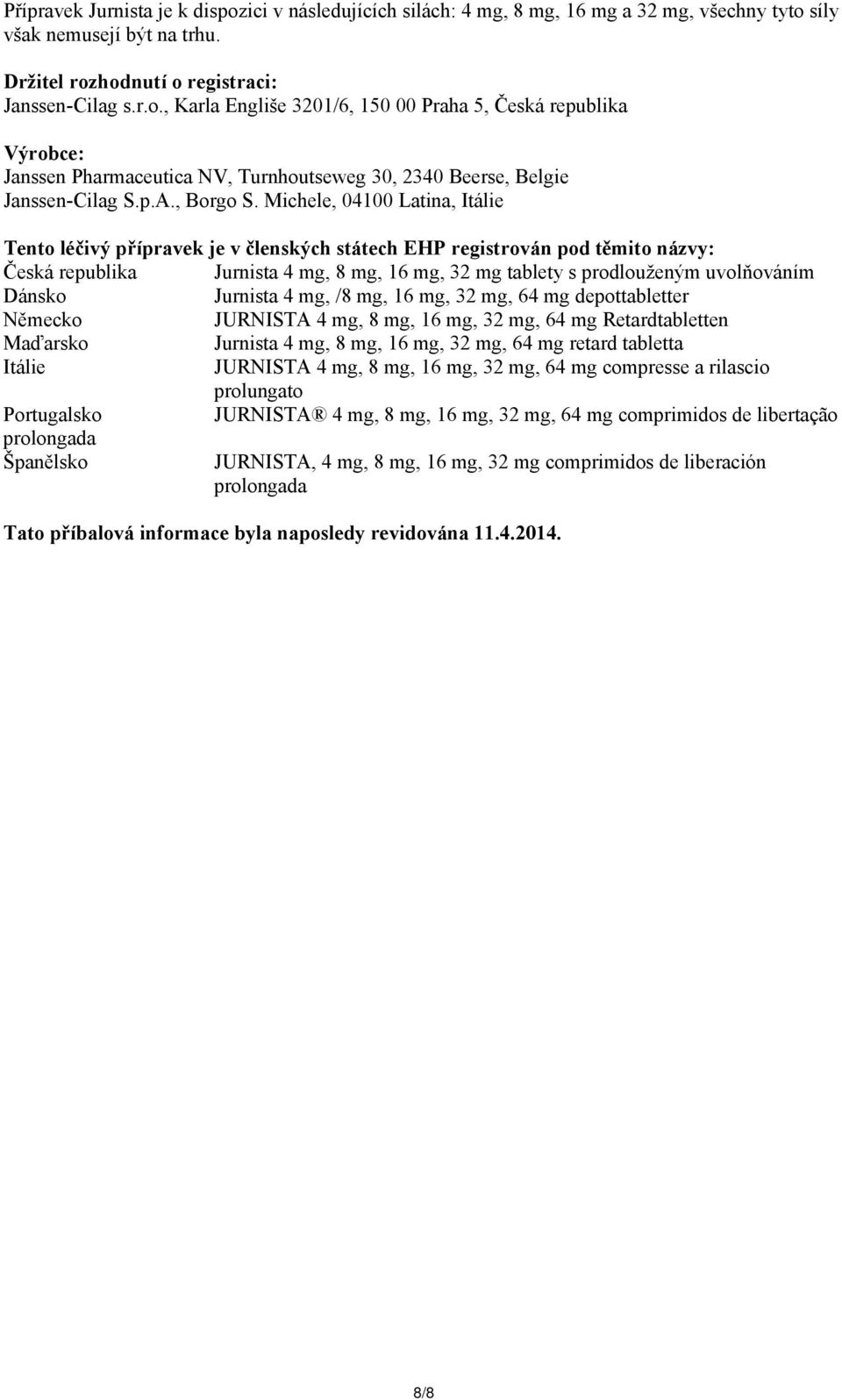 Michele, 04100 Latina, Itálie Tento léčivý přípravek je v členských státech EHP registrován pod těmito názvy: Česká republika Jurnista 4 mg, 8 mg, 16 mg, 32 mg tablety s prodlouženým uvolňováním