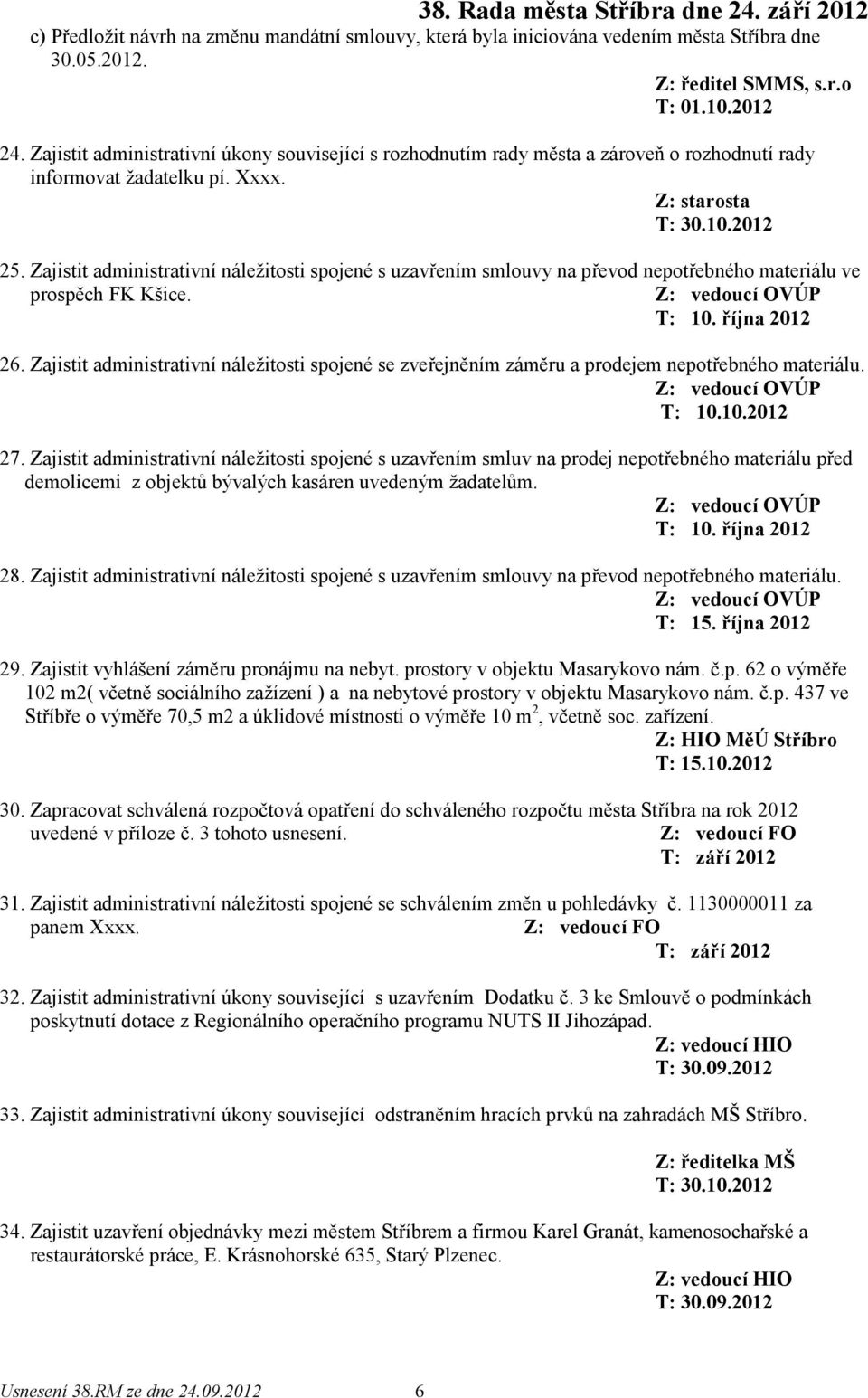 Zajistit administrativní náležitosti spojené s uzavřením smlouvy na převod nepotřebného materiálu ve prospěch FK Kšice. T: 10. října 2012 26.