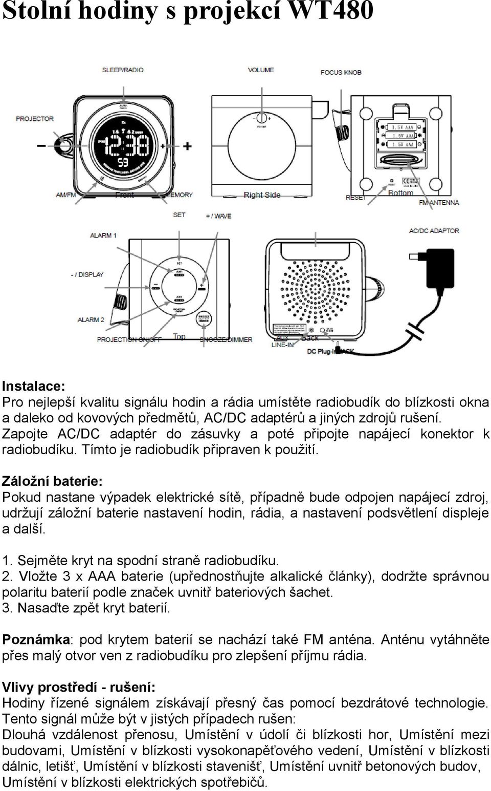 Záložní baterie: Pokud nastane výpadek elektrické sítě, případně bude odpojen napájecí zdroj, udržují záložní baterie nastavení hodin, rádia, a nastavení podsvětlení displeje a další. 1.