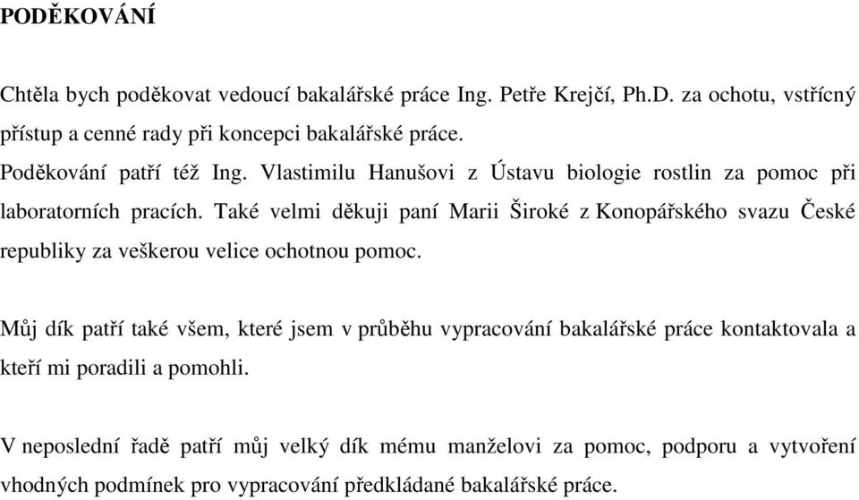 Také velmi děkuji paní Marii Široké z Konopářského svazu České republiky za veškerou velice ochotnou pomoc.