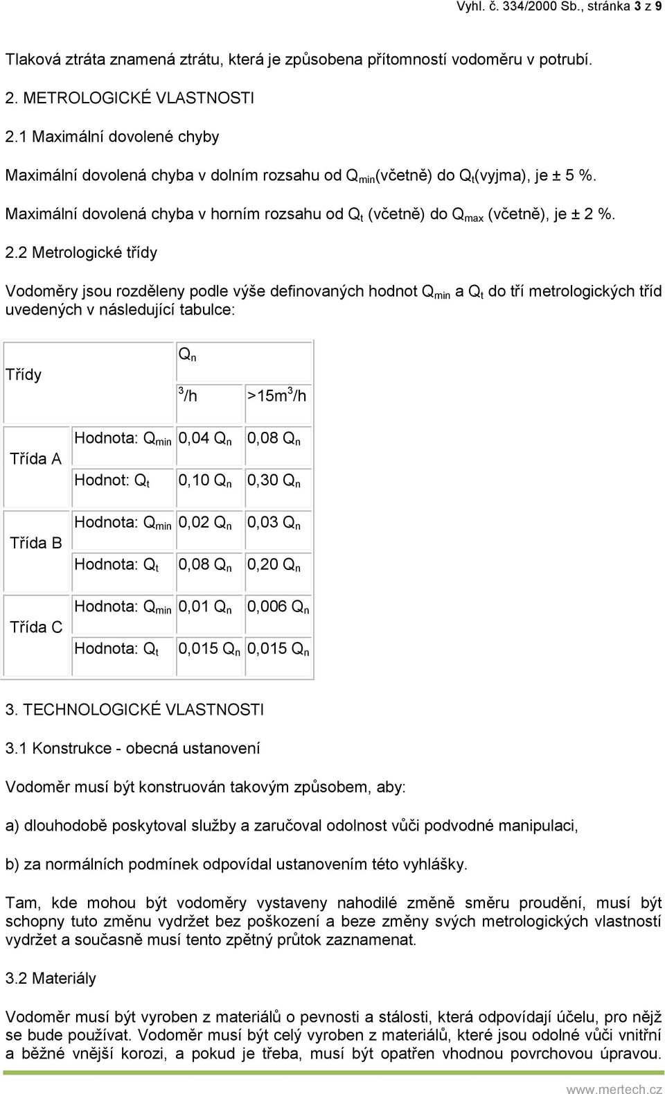 2.2 Metrologické třídy Vodoměry jsou rozděleny podle výše definovaných hodnot Q min a Q t do tří metrologických tříd uvedených v následující tabulce: Třídy Q n 3 /h >15m 3 /h Třída A Hodnota: Q min