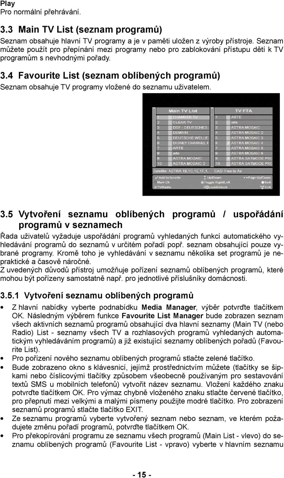 4 Favourite List (seznam oblíbených programů) Seznam obsahuje TV programy vložené do seznamu uživatelem. 3.