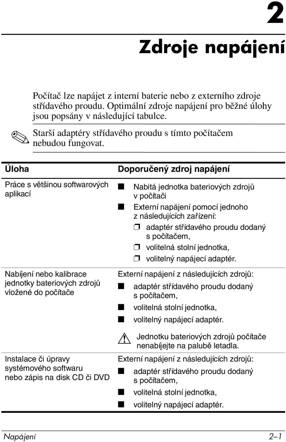 Úloha Doporučený zdroj napájení Práce s většinou softwarových aplikací Nabitá jednotka bateriových zdrojů v počítači Externí napájení pomocí jednoho z následujících zařízení: adaptér střídavého