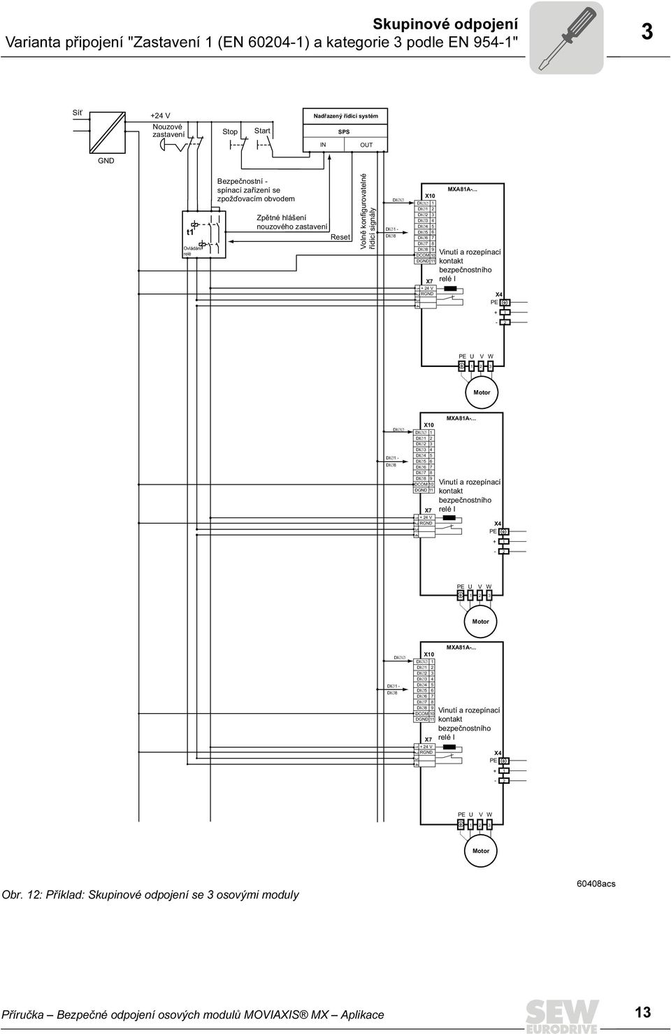 0 + 4 V RGND MXA8A-... Vinutí a rozepínací kontakt bezpečnostního relé I X4 PE + - PE U V W Motor DI DI - DI 8 DI DI DI DI DI 4 DI 5 DI 6 DI 7 DI 8 4 X0 4 5 6 7 8 9 DCOM 0 DGND X7 + 4 V RGND MXA8A-.