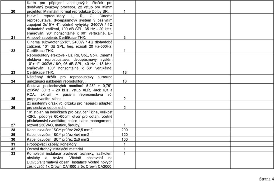 Bi- Ampové zapojené. Certifikace THX. 3 22 Cinema subwoofer 2x8", 2400W / 4Ω dlohodobé zatížení, 0 db SPL, freq. rozsah 20 Hz-500Hz. Certifikace THX. 23 Reproduktory efektové - Ls, Rs, SbL, SbR.