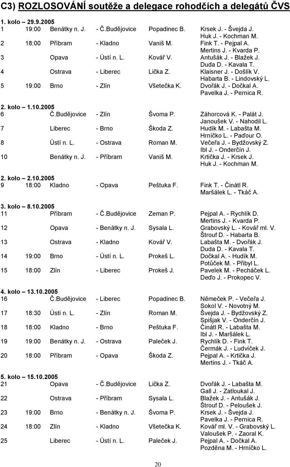 - Lindovský L. 5 19:00 Brno - Zlín Všetečka K. Dvořák J. - Dočkal A. Pavelka J. - Pernica R. 2. kolo 1.10.2005 6 Č.Budějovice - Zlín Švoma P. Záhorcová K. - Palát J. Janoušek V. - Nahodil L.