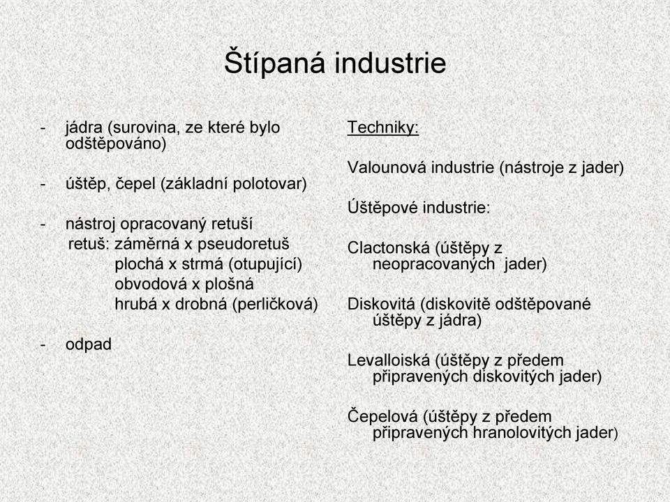 industrie (nástroje z jader) Úštěpové industrie: Clactonská (úštěpy z neopracovaných jader) Diskovitá (diskovitě odštěpované