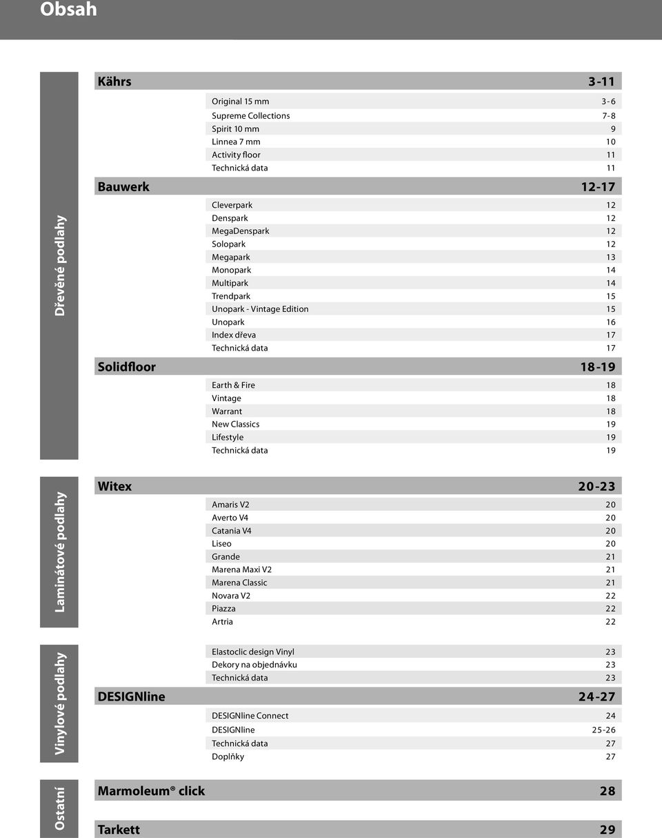 Classics 19 Lifestyle 19 Technická data 19 Laminátové podlahy Vinylové podlahy Witex 20-23 Amaris V2 20 Averto V4 20 Catania V4 20 Liseo 20 Grande 21 Marena Maxi V2 21 Marena Classic 21 Novara V2 22