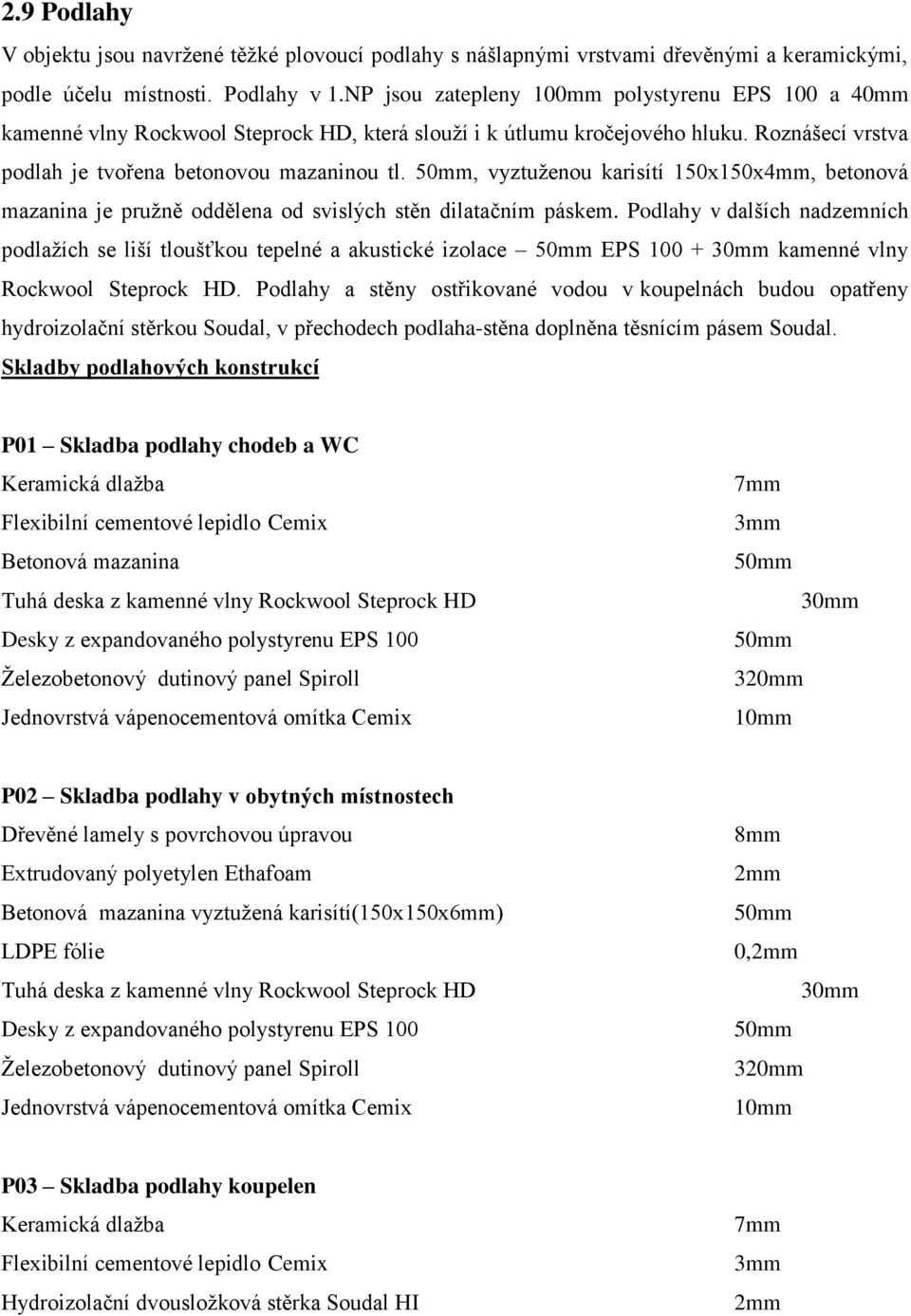 50mm, vyztuženou karisítí 150x150x4mm, betonová mazanina je pružně oddělena od svislých stěn dilatačním páskem.