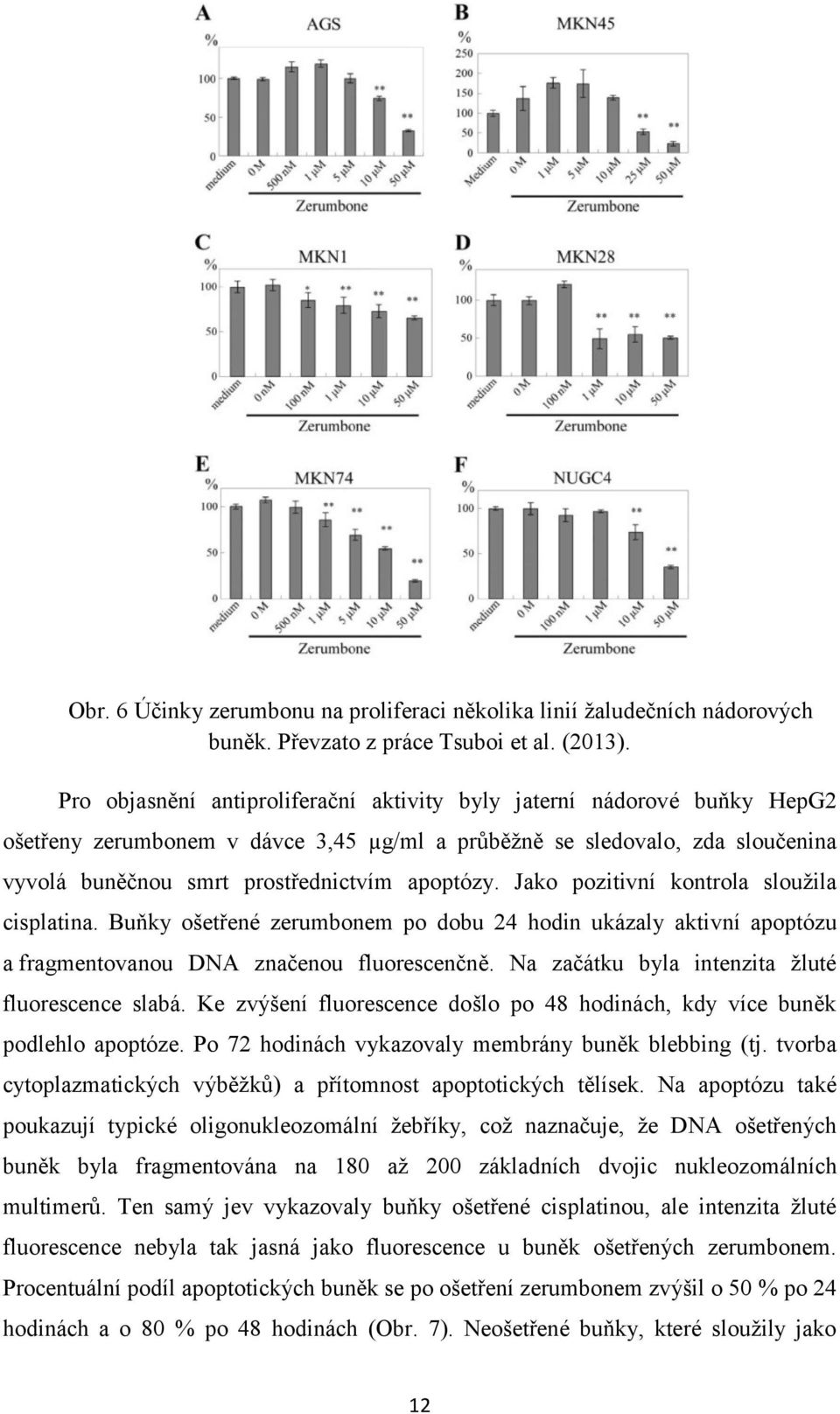 Jako pozitivní kontrola sloužila cisplatina. Buňky ošetřené zerumbonem po dobu 24 hodin ukázaly aktivní apoptózu a fragmentovanou DNA značenou fluorescenčně.