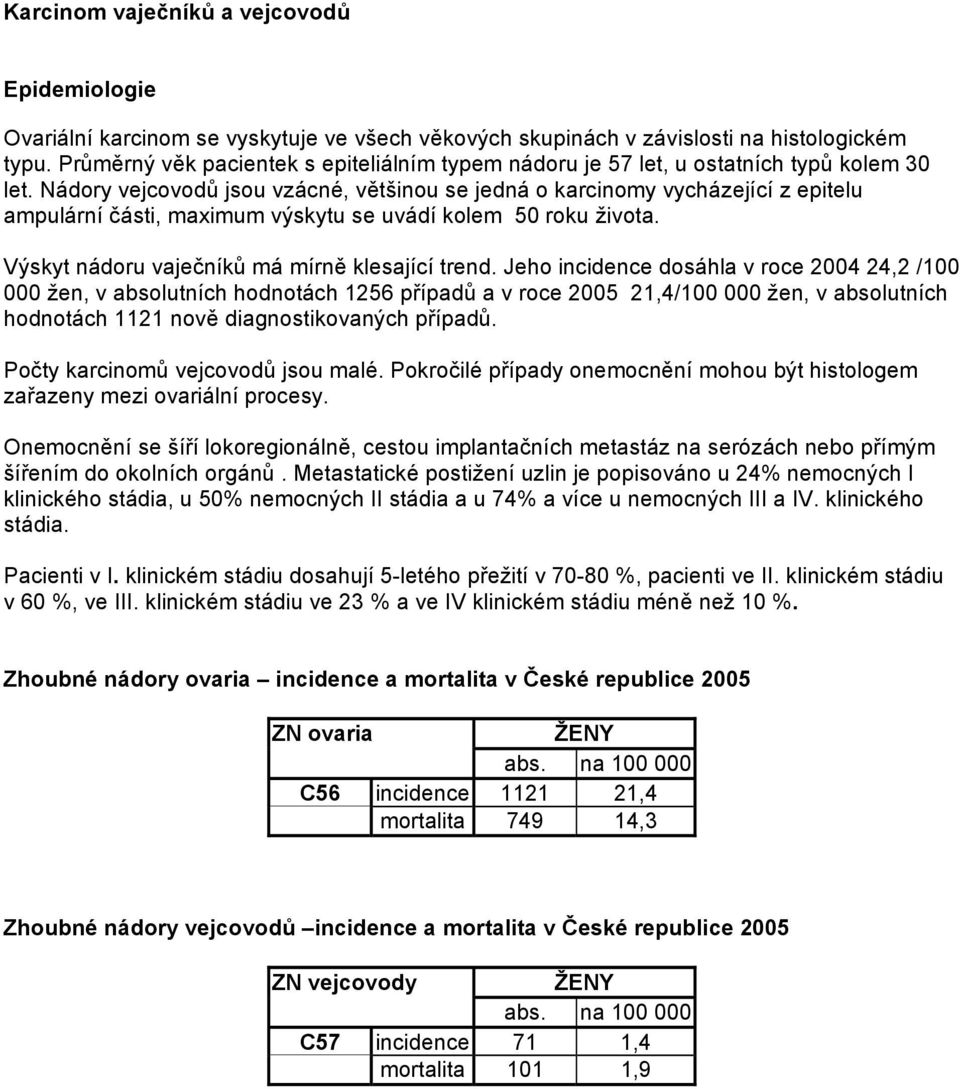 Nádory vejcovodů jsou vzácné, většinou se jedná o karcinomy vycházející z epitelu ampulární části, maximum výskytu se uvádí kolem 50 roku života. Výskyt nádoru vaječníků má mírně klesající trend.