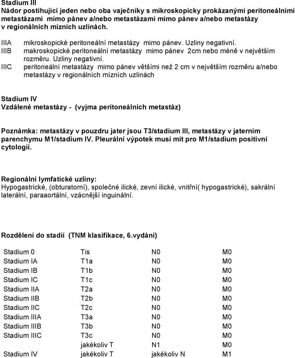 makroskopické peritoneální metastázy mimo pánev 2cm nebo méně v největším rozměru. Uzliny negativní.