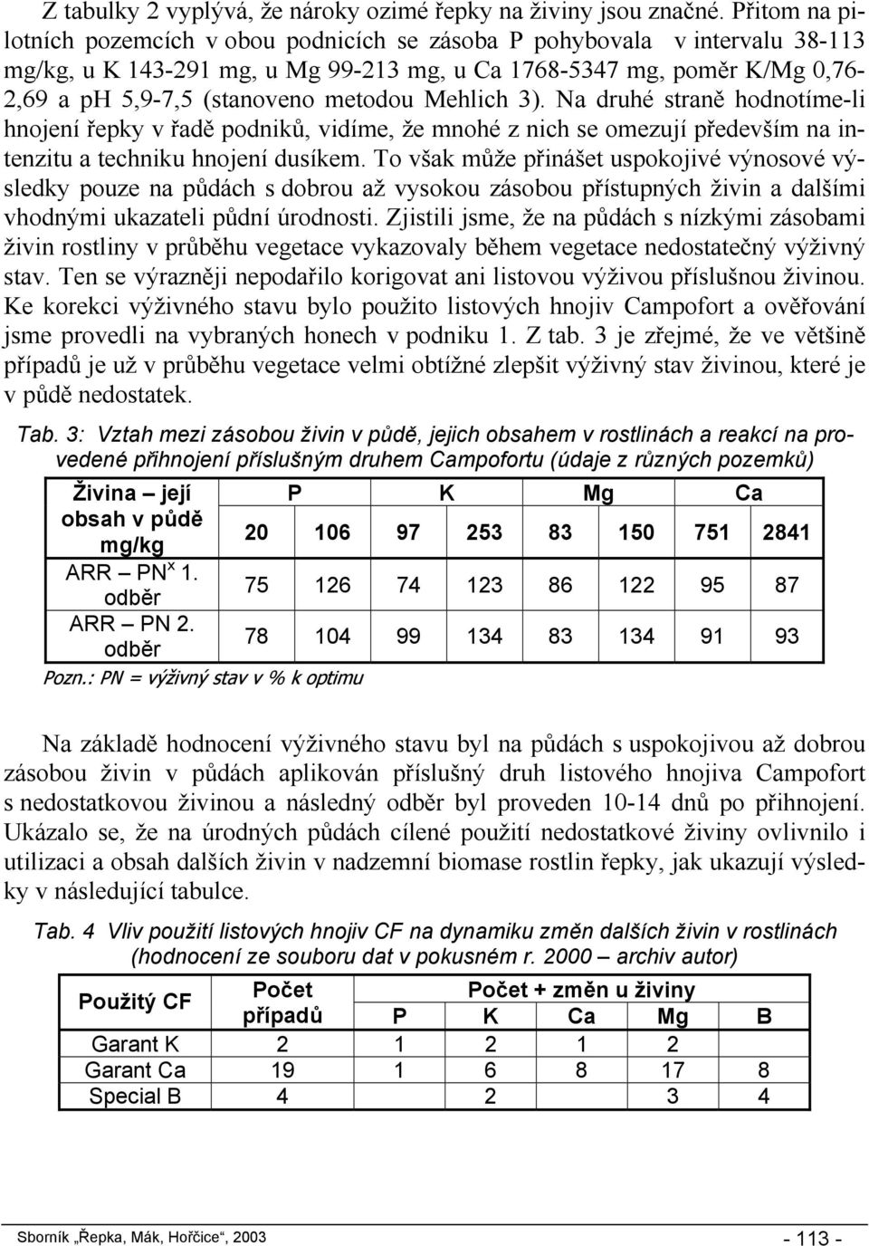 Mehlich 3). Na druhé straně hodnotíme-li hnojení řepky v řadě podniků, vidíme, že mnohé z nich se omezují především na intenzitu a techniku hnojení dusíkem.