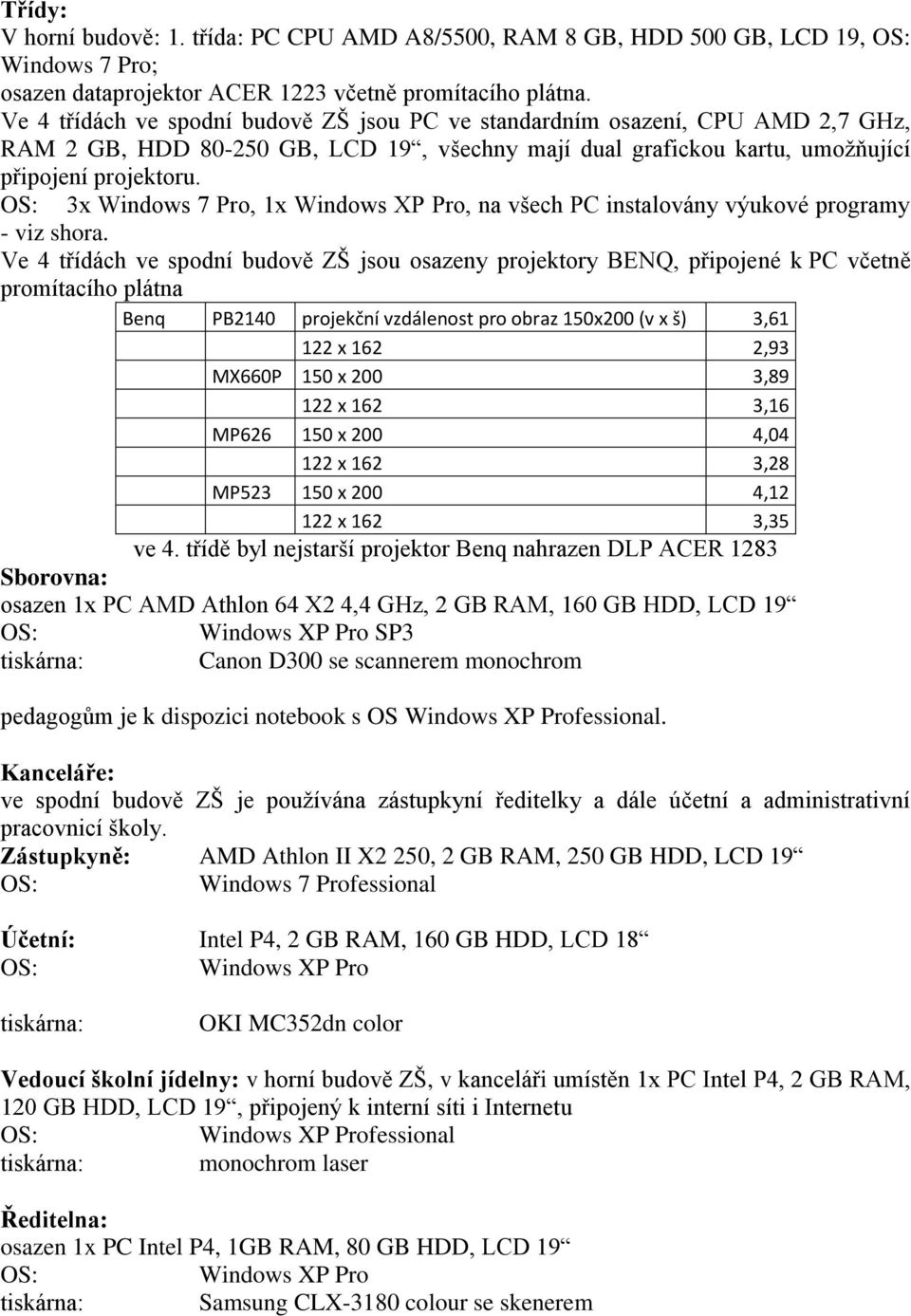 3x Windows 7 Pro, 1x Windows XP Pro, na všech PC instalovány výukové programy - viz shora.