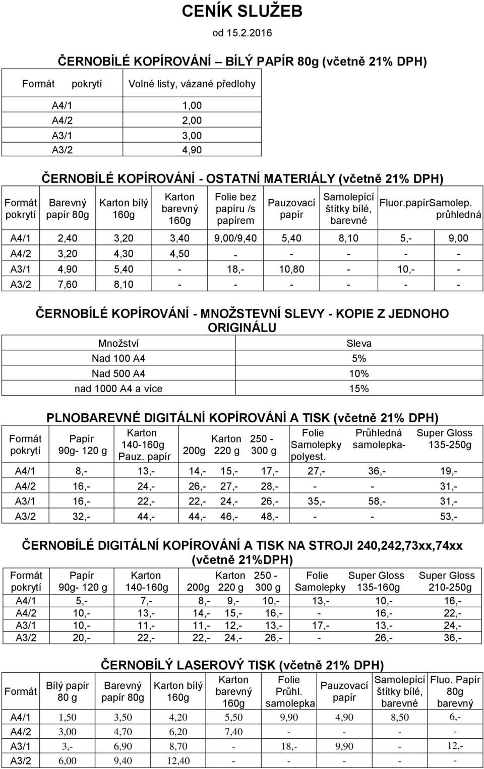 Barevný papír 80g Karton bílý 160g Karton barevný 160g Folie bez papíru /s papírem Pauzovací papír Samolepící štítky bílé, barevné Fluor.papírSamolep.