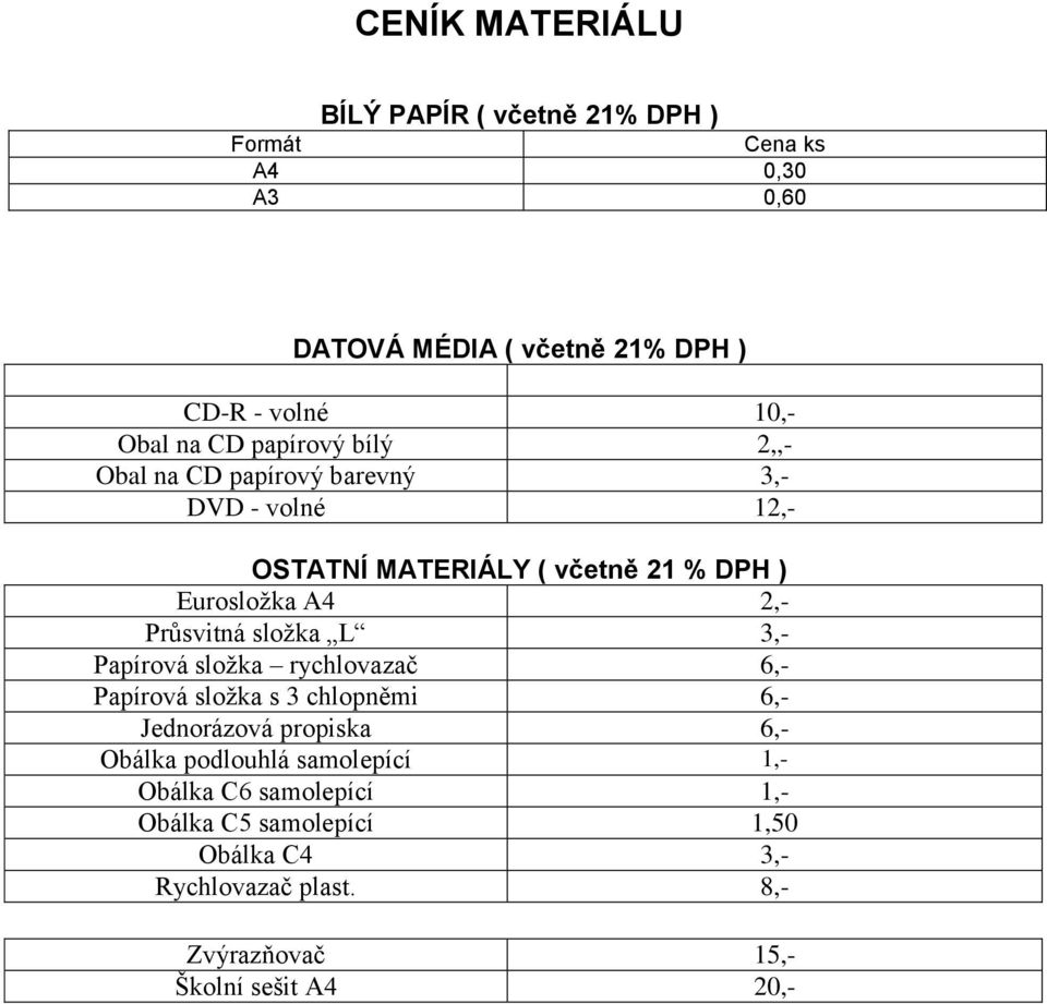 Průsvitná složka L 3,- Papírová složka rychlovazač 6,- Papírová složka s 3 chlopněmi 6,- Jednorázová propiska 6,- Obálka podlouhlá