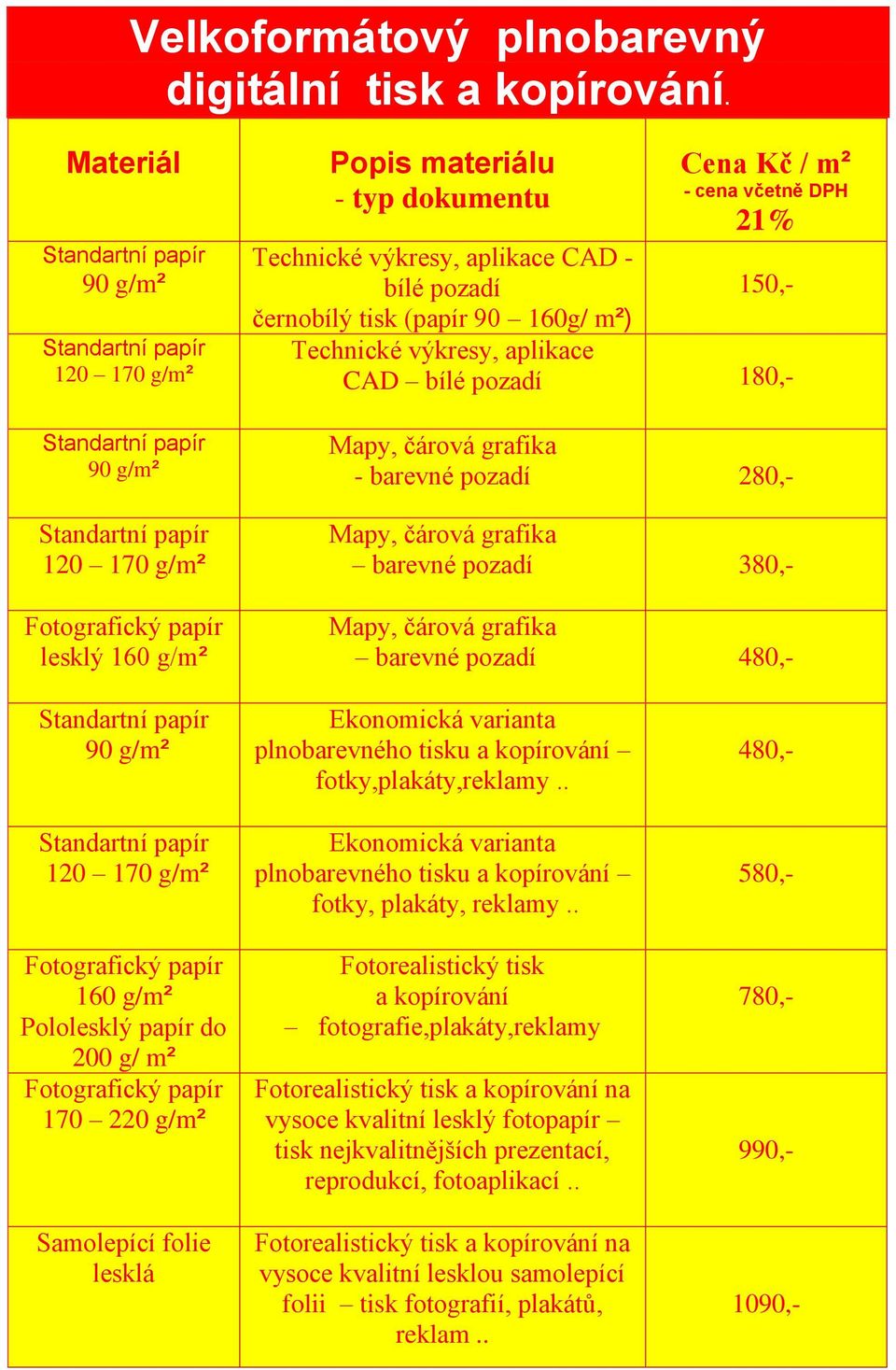 - cena včetně DPH 21% Technické výkresy, aplikace CAD - bílé pozadí 150,- černobílý tisk (papír 90 160g/ m²) Technické výkresy, aplikace CAD bílé pozadí 180,- Mapy, čárová grafika - barevné pozadí